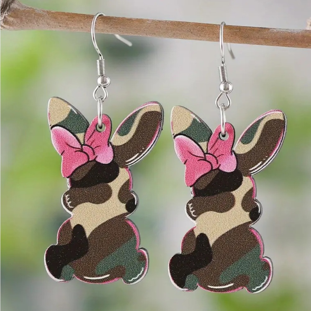 Camouflage Pink Bow Bunny Earrings